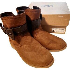 UGG K-Aubrie Girls' Brown Suede Boots with Bow – Size US Kid‎ 3 EUC With Box